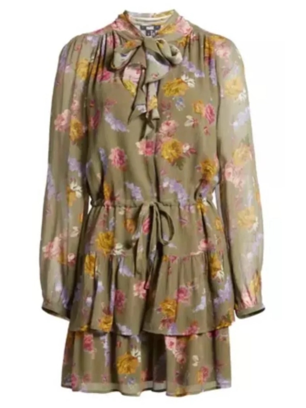 Paige Elynne Floral Long Sleeve Silk Chiffon Dress In Moss - size XS - Picture 7 of 9